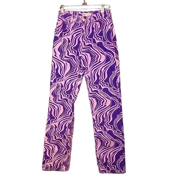 Zara Purple Zebra Stripe Straight Leg Denim Pants Size 2 - Picture 1 of 7